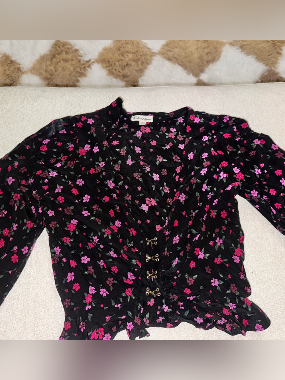 For Love And Lemons Black Floral Crop Long sleeve Blouse